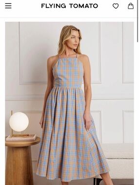 Flying Tomato Blue and Peach Plaid Halter Midi Dress